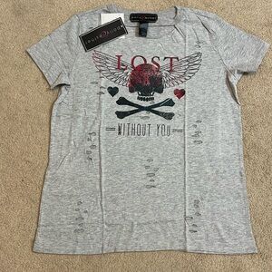 NWT Polly & Esther Gray Tee, "Lost without you", distressed/holes, size medium